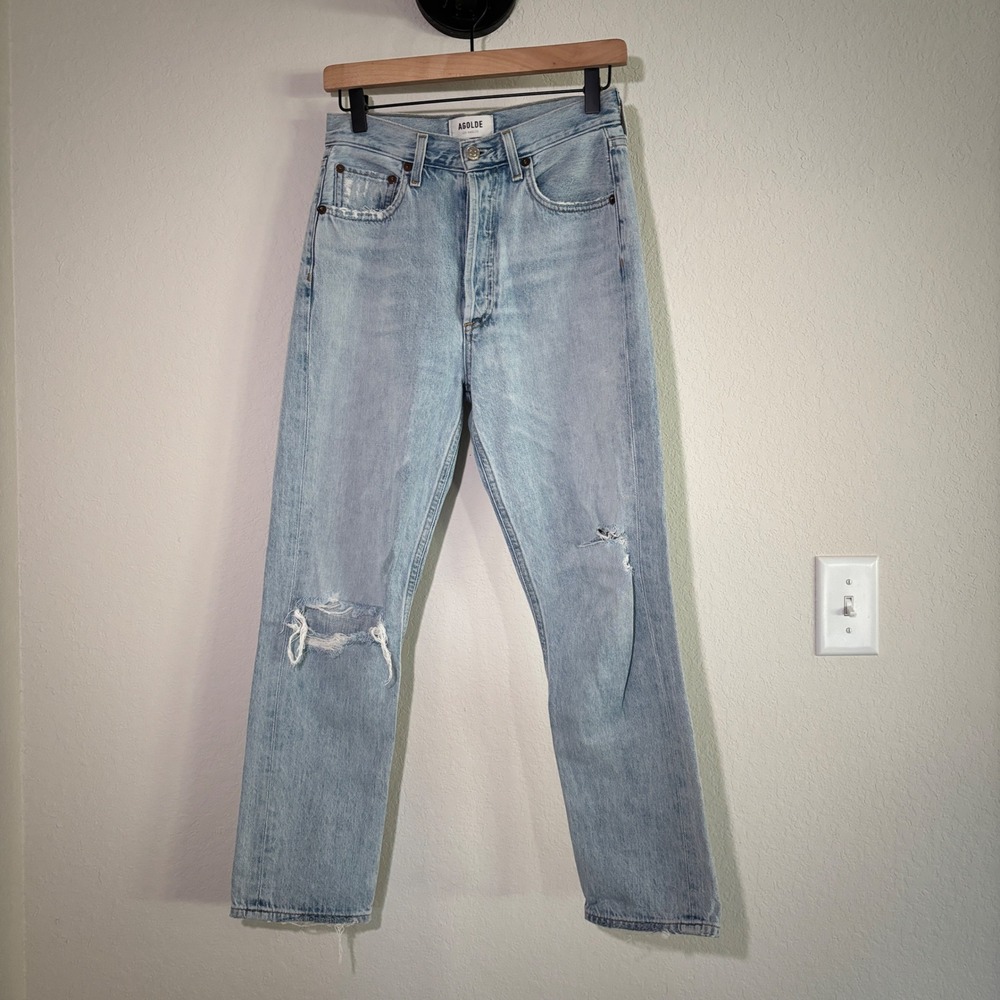 Agolde Jeans Riley High Rise Straight 25 Cotton Light Wash Distressed 90s Style